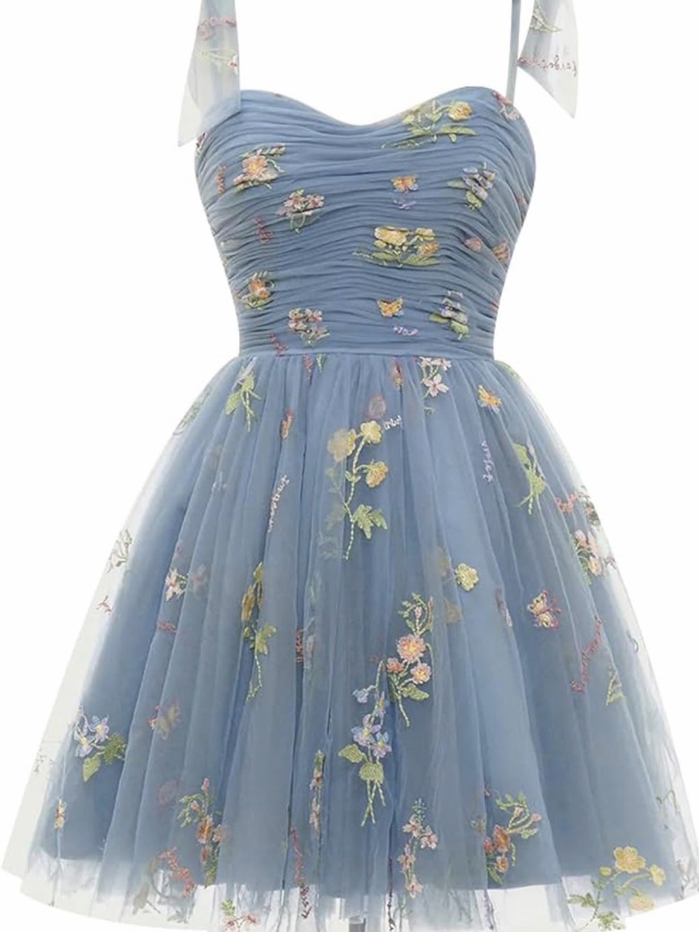 Dusty Blue Floral Embroidered Tulle Dress
